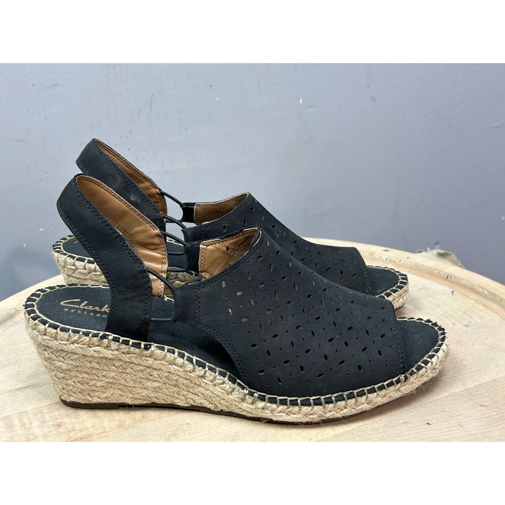 Clarks Artisan Wedge Shoes Womens Size 10 Black Espadrille Slingback Sandals - Picture 4 of 11